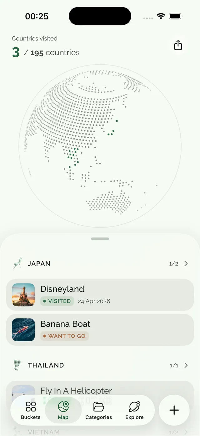 Travel map screen on iPhone